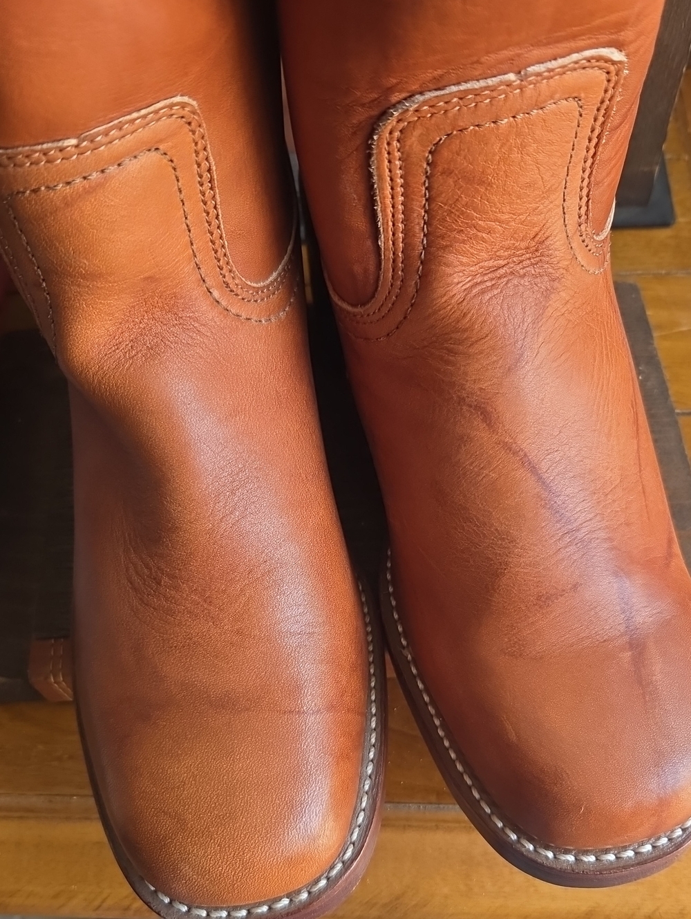 FRYE Tall Leather Pull-On Boots in Cognac Brown - Picture 7 of 8